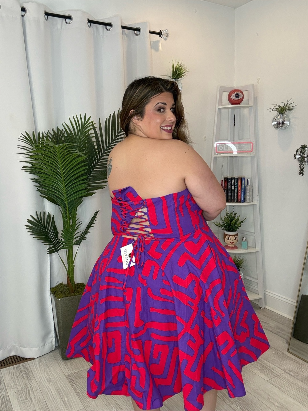 Plus-Size Strapless Fit & Flare Dress in Bold Pink and Purple - Picture 3 of 5